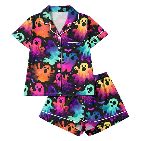 Shrysg Women's Halloween Pajamas Set Neon Colorful Ghost Print Short Sleeve Sleepwear with Shorts Cute Spooky Button Down PJs for Fall Multicolor