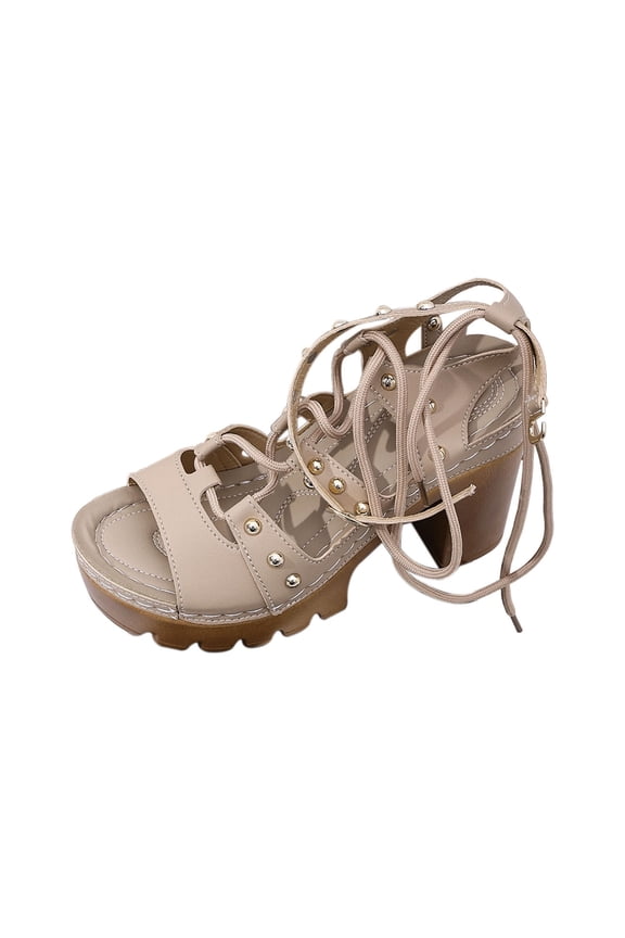 Women's High-Heeled Sandals with Adjustable Straps Thick Sole Faux Leather Gothic Style Beige