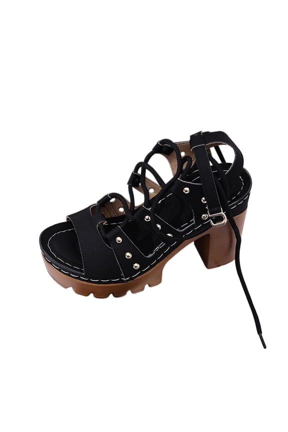 Women's High-Heeled Sandals with Adjustable Straps Thick Sole Faux Leather Gothic Style Black