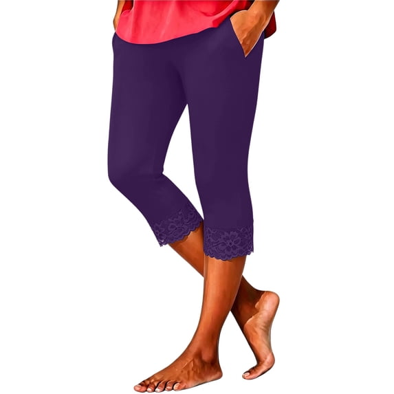 Shrysg Women's High Waisted Lace Trim Stretch Crop Capris Leggings for Summer Yoga Purple