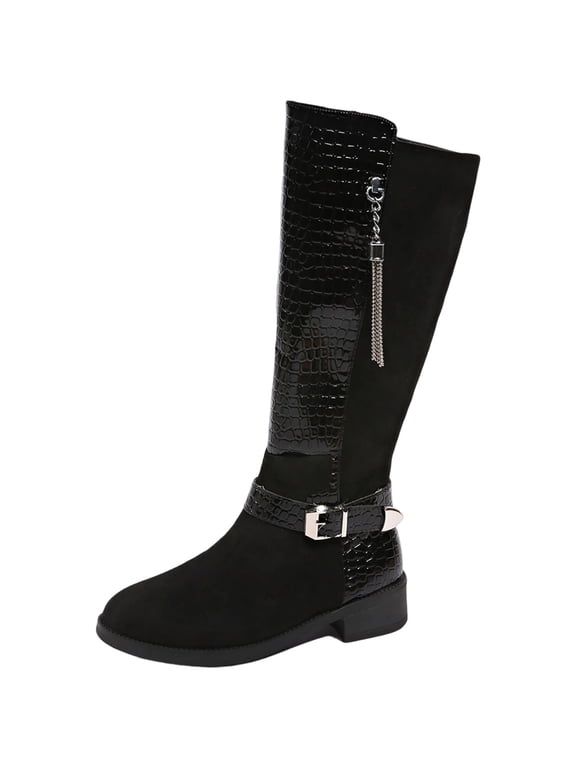 Women's Knee High Boots Croc Embossed Patchwork Riding Boots Side Zipper Ankle Buckle Low Block Heel Comfortable Fall Winter Fashion Booties Black