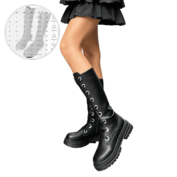 Shrysg Women's Knee High Lace Up Boots Platform Chunky Heel Round Toe Combat Boots Casual Side Zipper Goth Boots Black