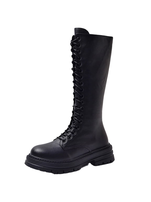 Women's Knee High Lace Up Combat Boots Chunky Platform Lug Sole Knight Boots Side Zip Tall Boots Punk Gothic Motorcycle Boots Black
