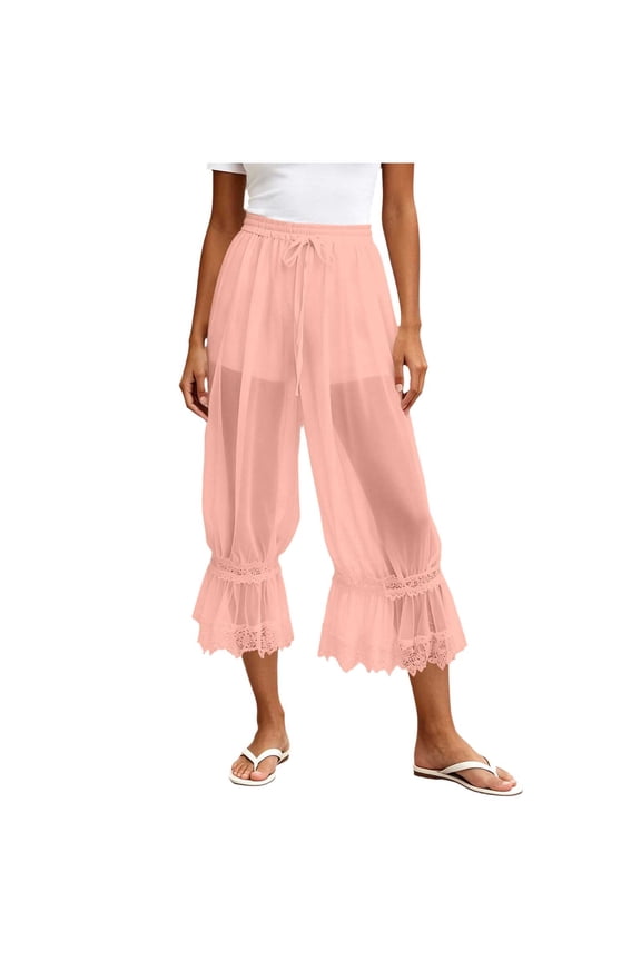 Women's Lace Trim Long Bloomers Casual Solid Elastic Pajama Pants Cropped Flared Slips Pants Loose Fit High Waisted Sleepwear Beige