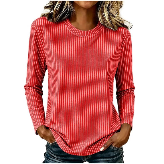 Shrysg Women's Long Sleeve T-Shirt Vertical Striped Crewneck Slim Fit Tops Soft Stretchy Basic Layering Tees Red