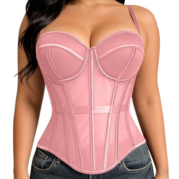 Shrysg Women's Mesh Corset Top with Built-in Pads, Spaghetti Strap Boned Bustier Crop Top, Breathable Satin & Mesh Design for Party and Clubwear