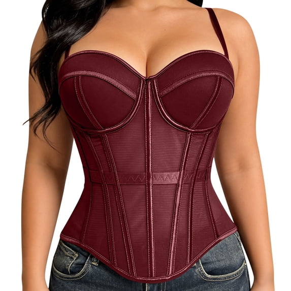 Shrysg Women's Mesh Corset Top with Built-in Pads, Spaghetti Strap Boned Bustier Crop Top, Breathable Satin & Mesh Design for Party and Clubwear
