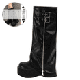 thumbnail image 1 of Shrysg Women's Mid Calf Boots with Side Zipper Metal Buckles Thick Sole Comfortable Height-Increasing Faux Leather Platform Boot Black, 1 of 8