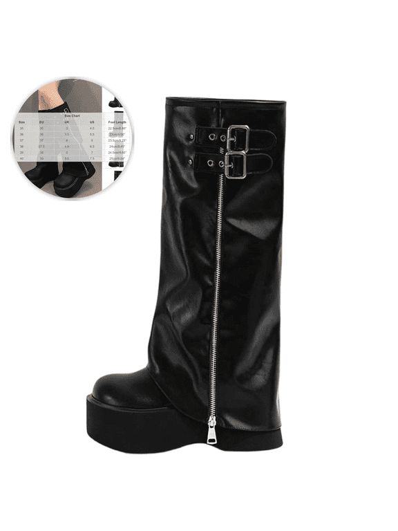 Women's Mid Calf Boots with Side Zipper Metal Buckles Thick Sole Comfortable Height-Increasing Faux Leather Platform Boot Black