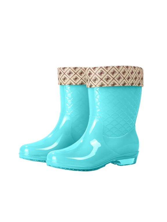 Women's Mid-Calf Rain Boots Fish Scale Pattern Waterproof Rubber Shoes Comfortable Slip-On Short Boots Blue