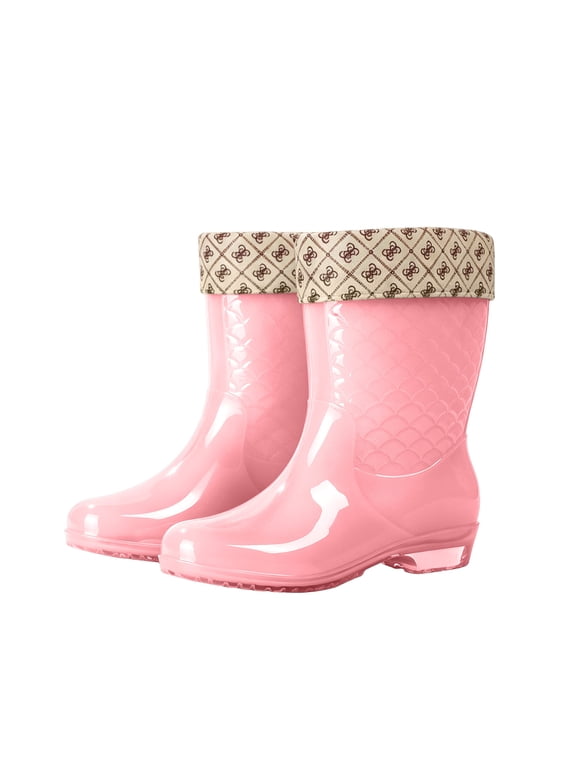 Women's Mid-Calf Rain Boots Fish Scale Pattern Waterproof Rubber Shoes Comfortable Slip-On Short Boots Pink