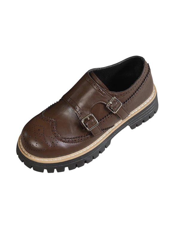 Women's Monk Strap Loafers Thick-Soled Shoes with Adjustable Buckle Lightweight Faux Leather for Casual Everyday Wear Brown