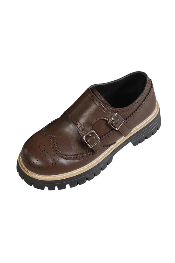 Women's Monk Strap Loafers Thick-Soled Shoes with Adjustable Buckle Lightweight Faux Leather for Casual Everyday Wear Brown
