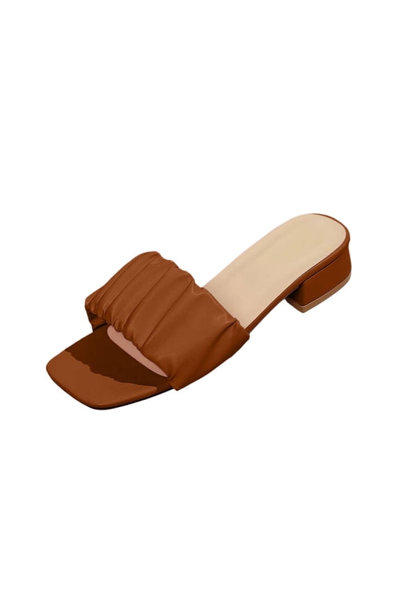 Women's Open Toe Slippers with Padded Insole Low Heel Ruched Strap Sandals Brown