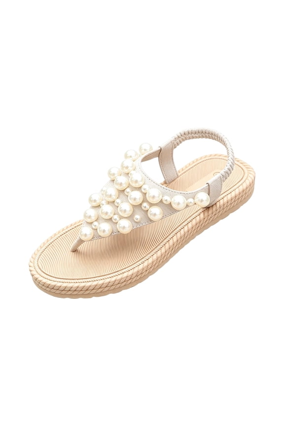 Women's Pearl T-Strap Bridal Flat Sandals Beach Wedding Shoes Casual Slip-On Breathable PU Comfort Slippers for Spring Summer Outdoor White