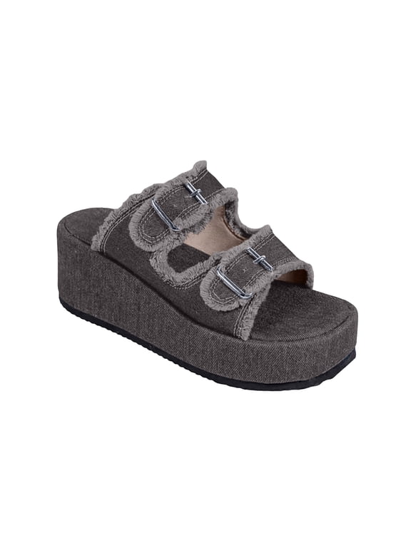 Women's Platform Slide Sandals Adjustable Buckle Denim Upper Open Toe Soft Casual Wedge Shoes for Summer Beach Gray