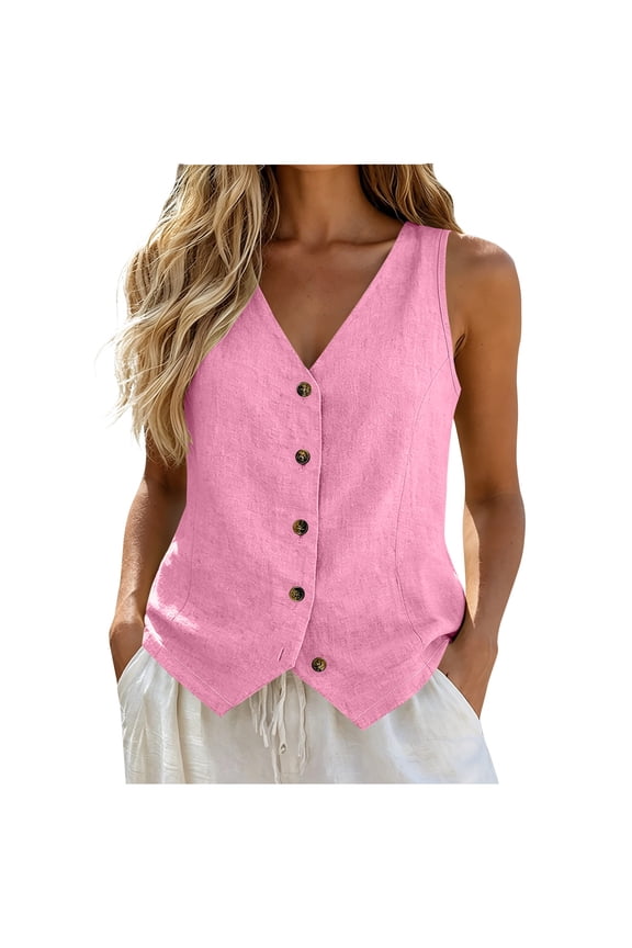 Women's Plus Size Vest Tops Casual Cotton Linen Button Up V Neck Sleeveless Shirts for Spring Summer Pink