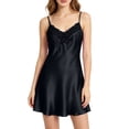 thumbnail image 1 of Shrysg Women's Satin Silk Sleepwear Sexy Lingerie Nightgown Sleeveless V Neck A-Line Chemise with Floral Lace Trim Black, 1 of 6