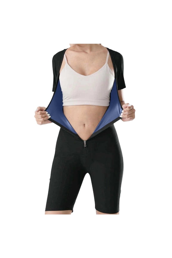 Women's Sauna Suit Waist Trainer Full Body Sweat Jumpsuit Short Sleeve Lightweight Shaping Bodysuit for Workout Blue