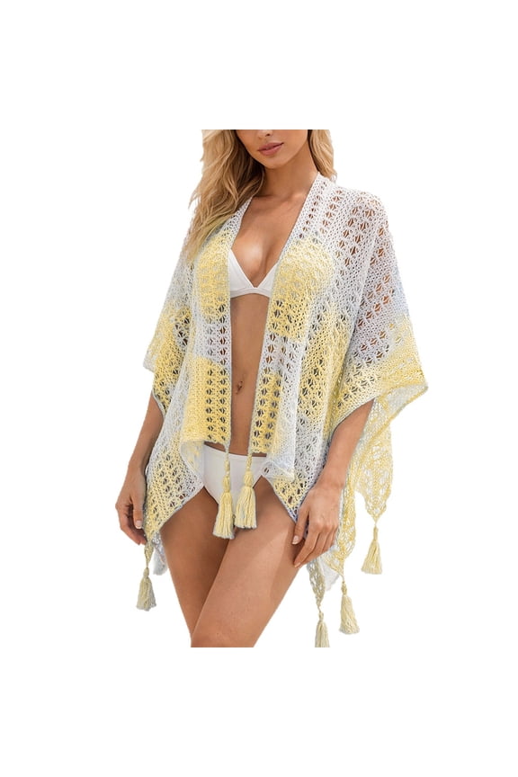 Women's Summer Mesh Shawl Cape Sleeveless Open Front Cover-Up with Fringe Lightweight Beachwear
