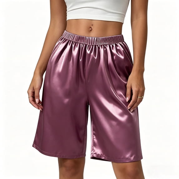 Shrysg Women's Summer Satin Loose Fit Five Point Pants Casual Plus Size Comfortable Lounge Shorts Light Blue
