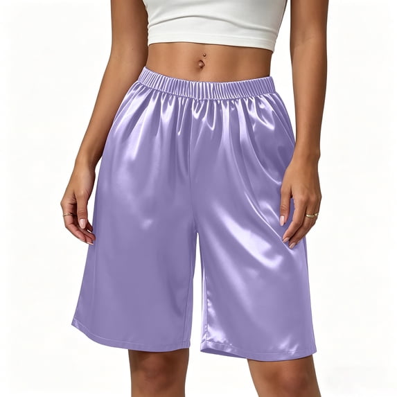 Shrysg Women's Summer Satin Loose Fit Five Point Pants Casual Plus Size Comfortable Lounge Shorts Sky Blue