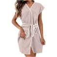 thumbnail image 1 of Shrysg Women's Terry Home Cloth Bathrobe Short Sleeve Absorbent Quick Dry Pajamas with Waist Belt and Pocket Brown, 1 of 7