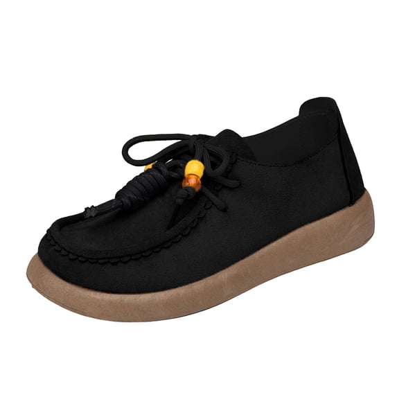 Shrysg Women's Vintage Faux Leather Beaded Lace Up Casual Shoes Soft Sole Round Toe Loafer Comfortable Slip On Walking Shoes for Daily Wear Black