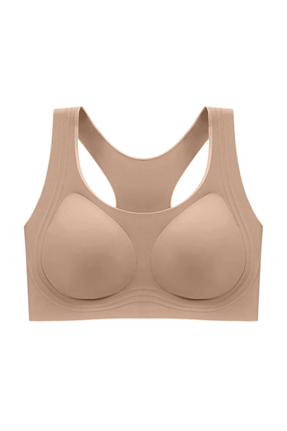 Women's Wireless Push-Up Bralette Solid Color Breathable T-Back Everyday Bra Light Support Casual Underwear Beige