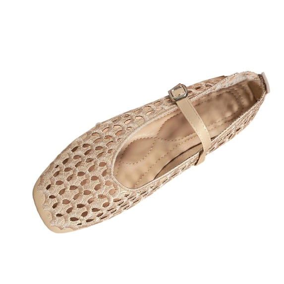 Shrysg Women's Woven Mesh Ballet Flats Casual Breathable Lightweight Buckle Strap Round Toe Mary Jane Shoes Beige