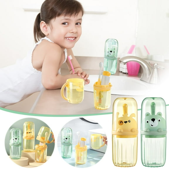 Shrysg Yellow Three-in-One Family Mouthwash Cup Set - Portable Oral Care Companion with Child's Toothbrush Holder and Durable Plastic Tumbler