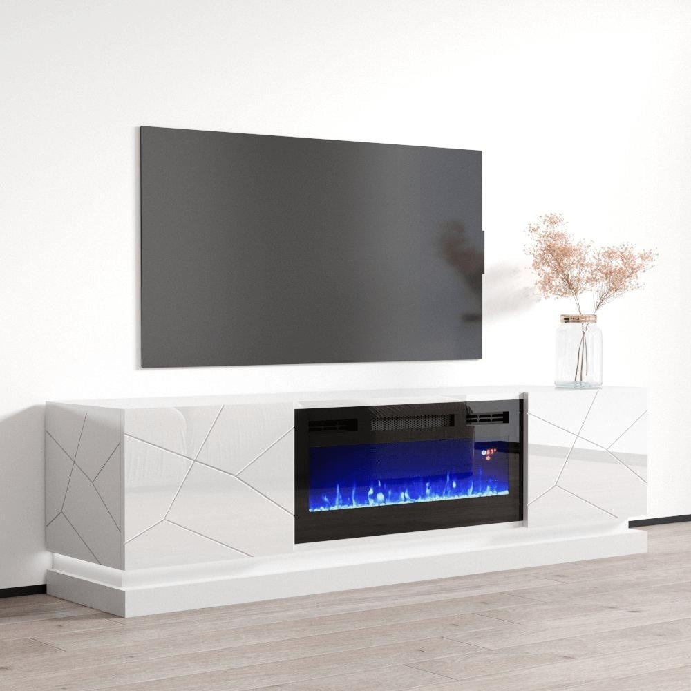 White Glossy 71" TV Stand with Electric Fireplace and Storage Cabinets