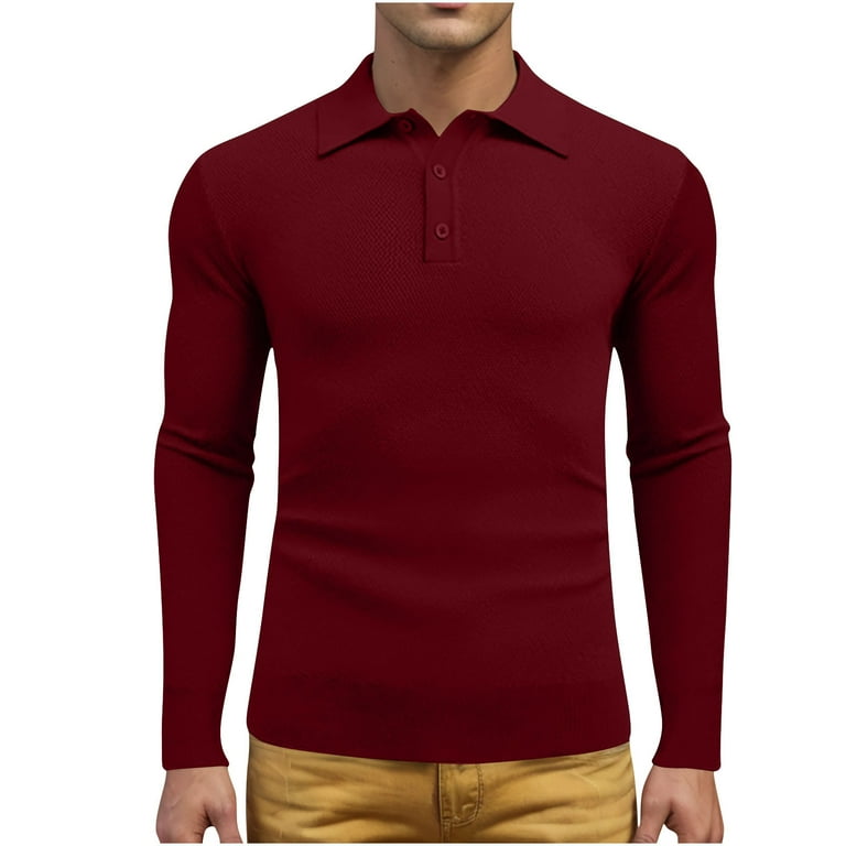 Shu Xin men polo shirts size 2x mens long sleeve t shirts clearance Solid color knitted lapel button waffle texture collar top lapel top large size Red 2XL Walmart