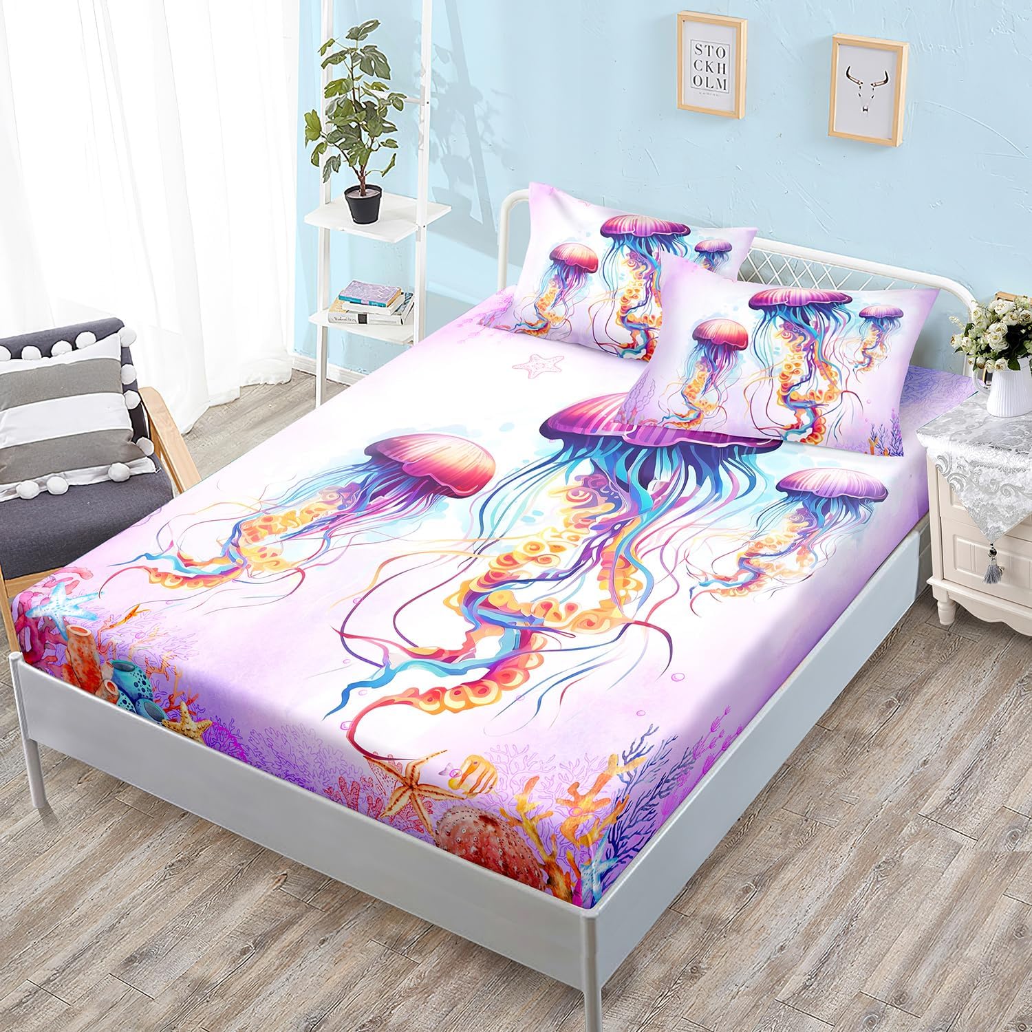 ShuYYun Pink Jellyfish Fitted Sheet Set Queen Size for Adults Kids,The ...