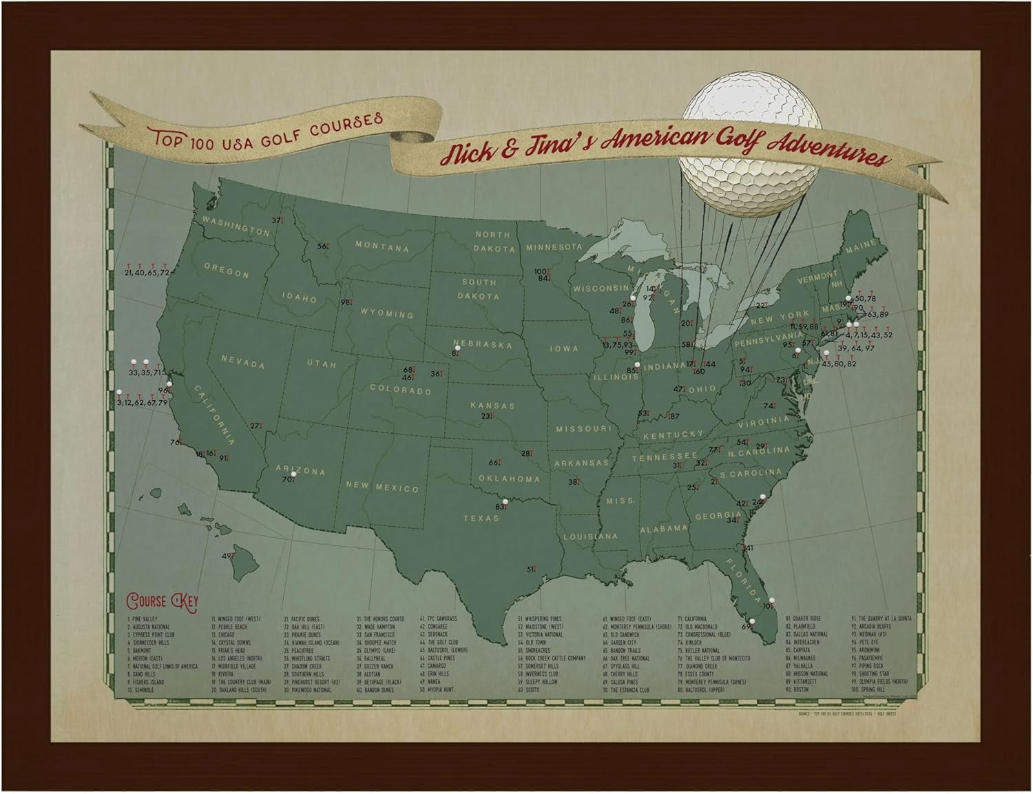 ShuYYun Top 100 US Golf Courses Personalized Push Pin Travel Map, Track ...