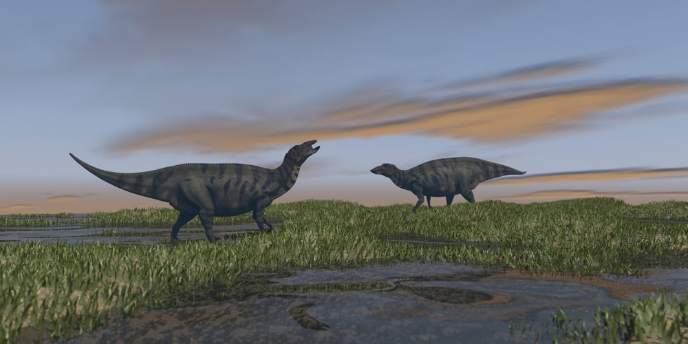 Shuangmiaosaurus dinosaurs walking through wetlands Canvas Art - Kostyantyn IvanyshenStocktrek Images (40 x 20)