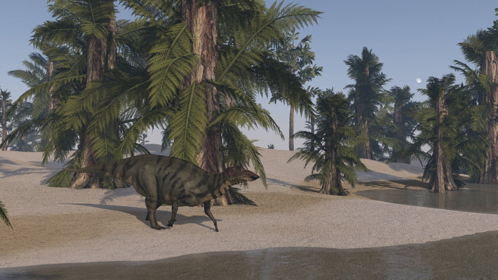 Shuangmiaosaurus walking along the shoreline Canvas Art - Kostyantyn IvanyshenStocktrek Images (38 x 22)