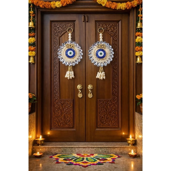 Shubh Labh Door Hanging with Evil Eye Design Decorative Wall & Door Toran for Home Entrance Beaded Crystal Hanging for Diwali, Housewarming & Wedding Decoration 6 Inch Set of 2