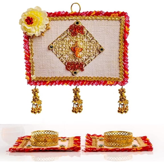 Shubh Labh Hanging with Set of 2 Tealight Holders for Wall Door Home Temple Festivals Wedding Functions Indian Traditional Decor Decoration Gifting