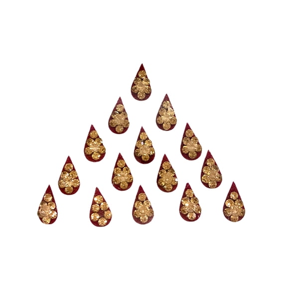 Shubh Shringar Maroon Teardrop Crystal Bindi Set Self Adhesive Golden Stone Traditional Forehead
