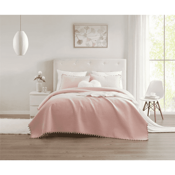 Shubozy Boho Pom Pom Ball Fringe Full Quilt Sets, 3 Pieces Pink Lightweight Down Alternative Bedding Quilt Sets for all seasons