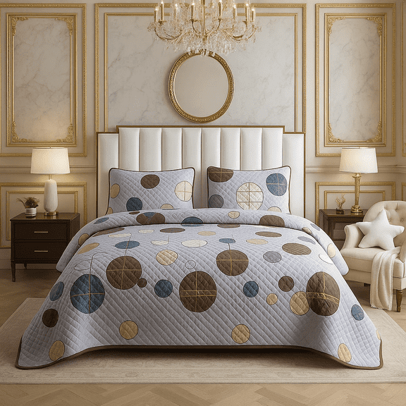 Shubozy Geometric Quilt Set – Lightweight Cotton Blend Bedspread with Damask Stitching, Reversible Modern Circles Pattern, Ultra-Soft & Breathable, Prewashed All-Season Comfort, Queen,Brown/Cream