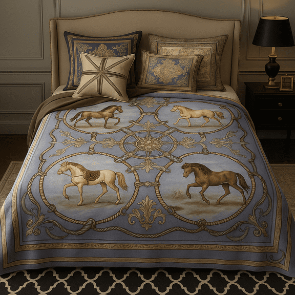 Shubozy King Size Blue & Gold Horse Print Blanket  10 lbs Heavyweight, Super Soft & Warm, Breathable, Luxurious Animal Design Throw for All-Season using