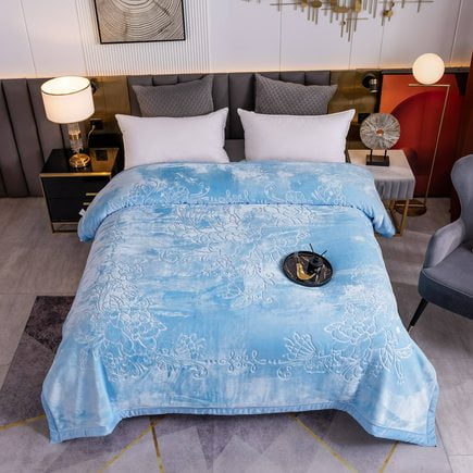 Shubozy Luxury 2 Ply Korean Style Mink Fleece Blanket – King Size, Embossed Plush Bed Blanket, Blue