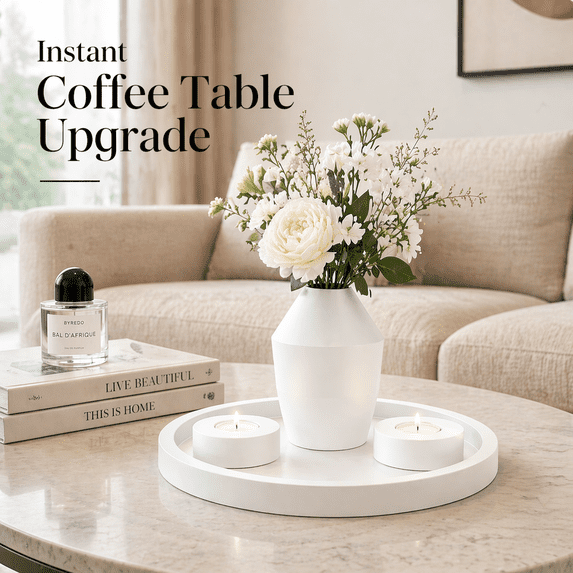 Shubozy Modern Minimalist Coffee Table Decor Set – Round Tray, Sculptural Vase & Candle Holders, Matte White Home Decor for Living Room, Bedroom, Bathroom