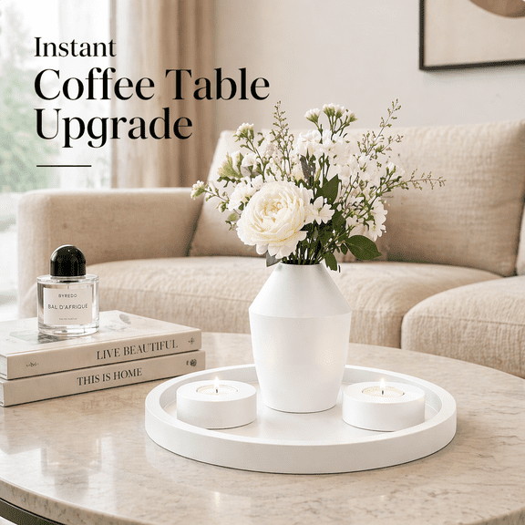 Shubozy Modern Minimalist Coffee Table Decor Set Round Tray, Sculptural Vase & Candle Holders, Matte White Home Decor for Living Room, Bedroom, Bathroom