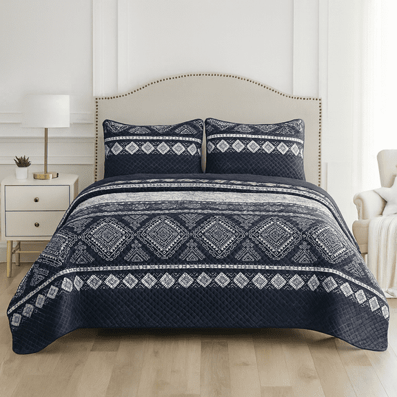 Shubozy Reversible Cotton Blend Bedding Quilt Set with Embroidered Shams – Elegant Blue/White Bedspread & Coverlet Set, (California King)