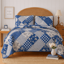 Shubozy Reversible Cotton Blend Bedding Quilt Set with Embroidered Shams – Elegant Blue/White Bedspread & Coverlet Set, (California King)