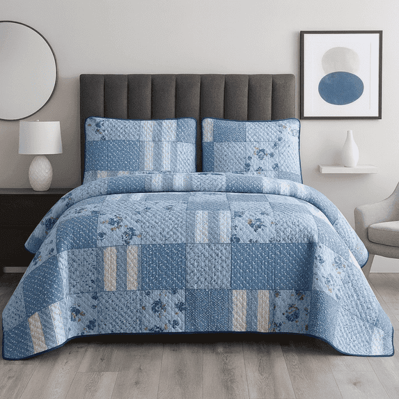 Shubozy Reversible Cotton Blend Bedding Quilt Set with Embroidered Shams – Elegant Blue/White Bedspread & Coverlet Set, (Queen)
