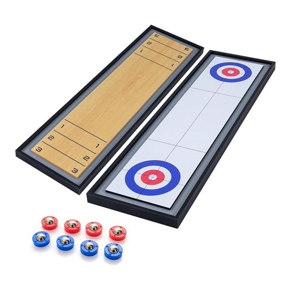 Shuffleboard and Curling 2 in 1 Board Game, Portable 2-Sided Wooden Shuffle Board and Curling Combo Game Set with 8 Rolling Pucks for Family Friends Indoor